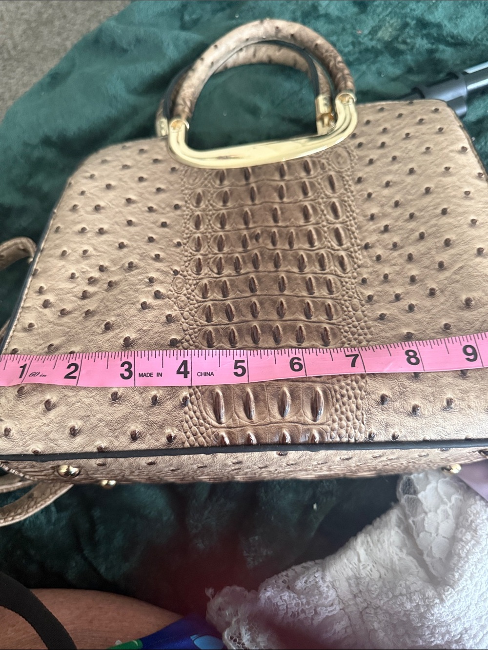 Structured Brown Ostrich-Embossed Satchel with Gold-Tone Handle